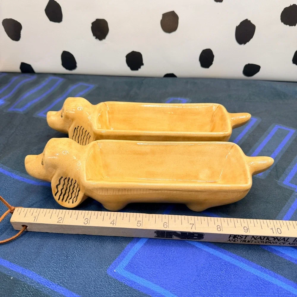 VTG Mid Century Ceramic Dachshund Corn Cob Holders Pair Yellow Wiener Dog Trays